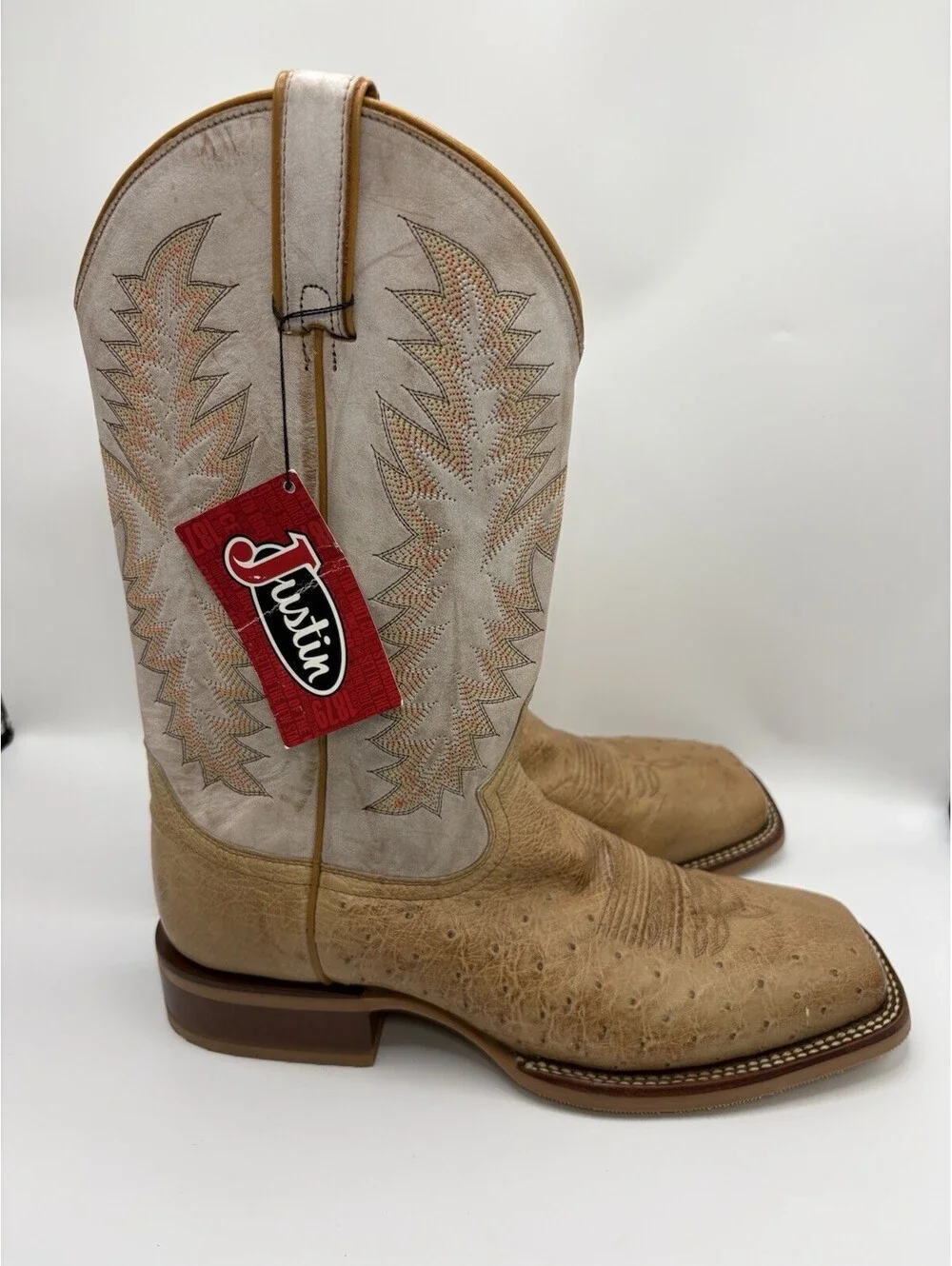 Justin JE800 Genuine Ostrich Mens Sz 11.5 D Leather Boots Square Toe Tan NWT